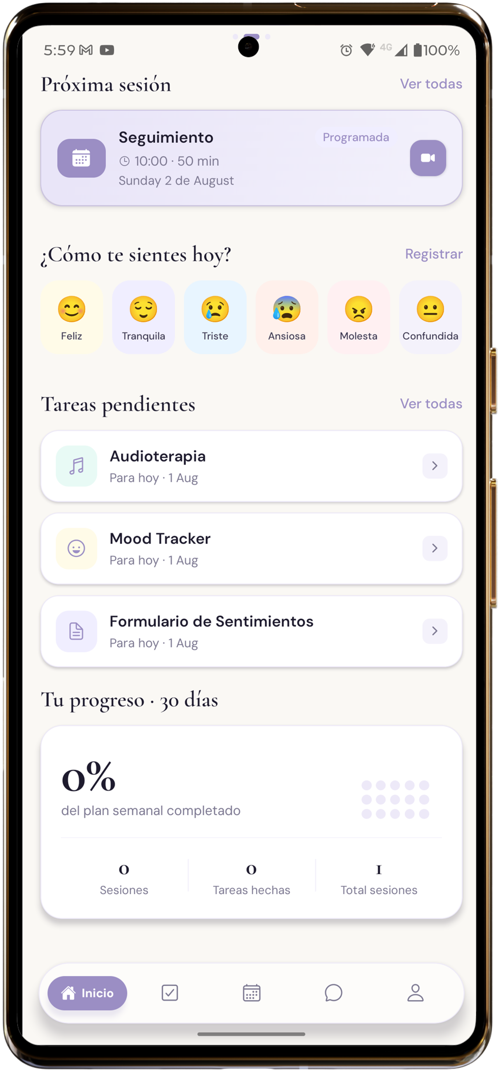Pantalla de inicio de la app WellNest con próxima sesión y tareas