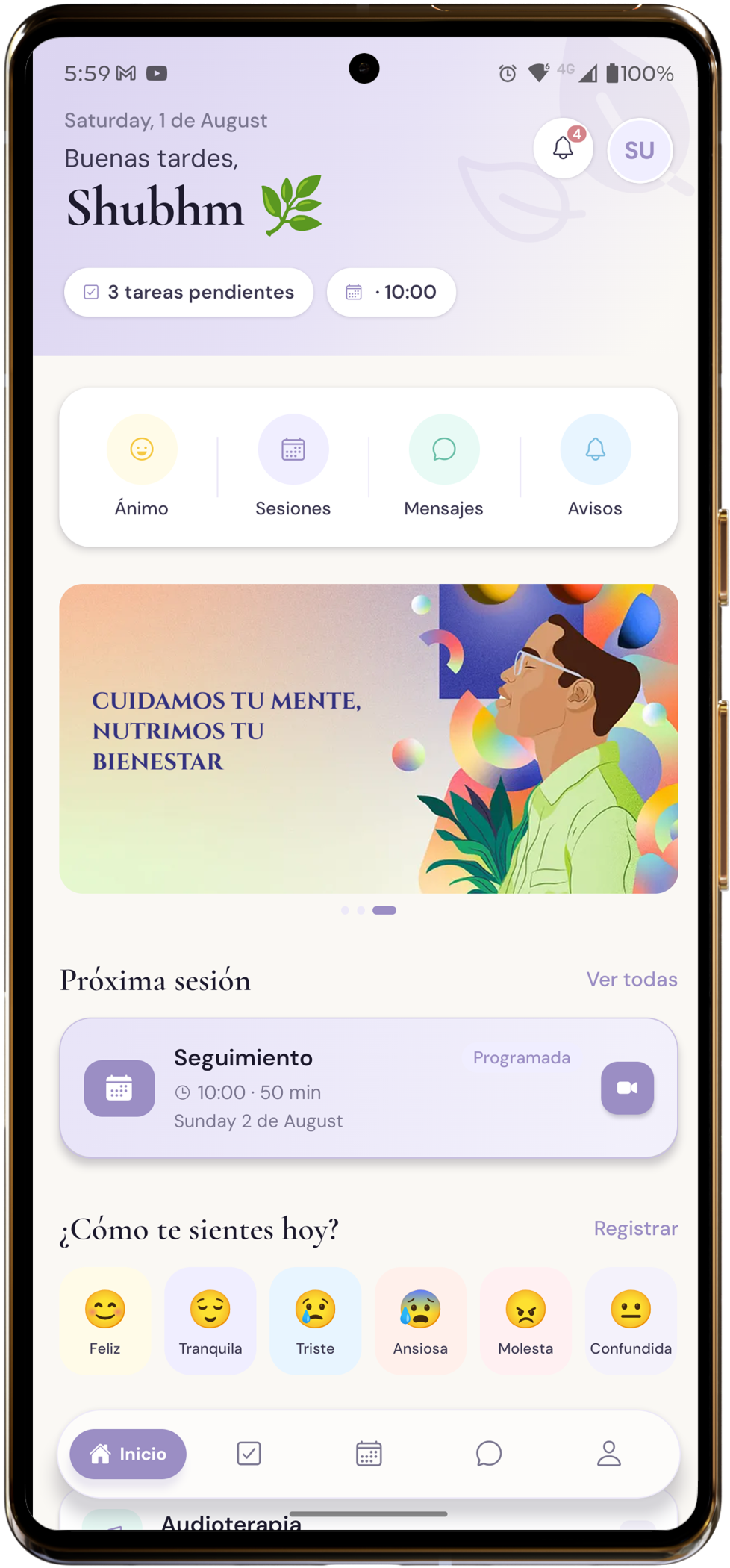 Panel principal de la app WellNest con saludo, accesos rápidos y próxima sesión